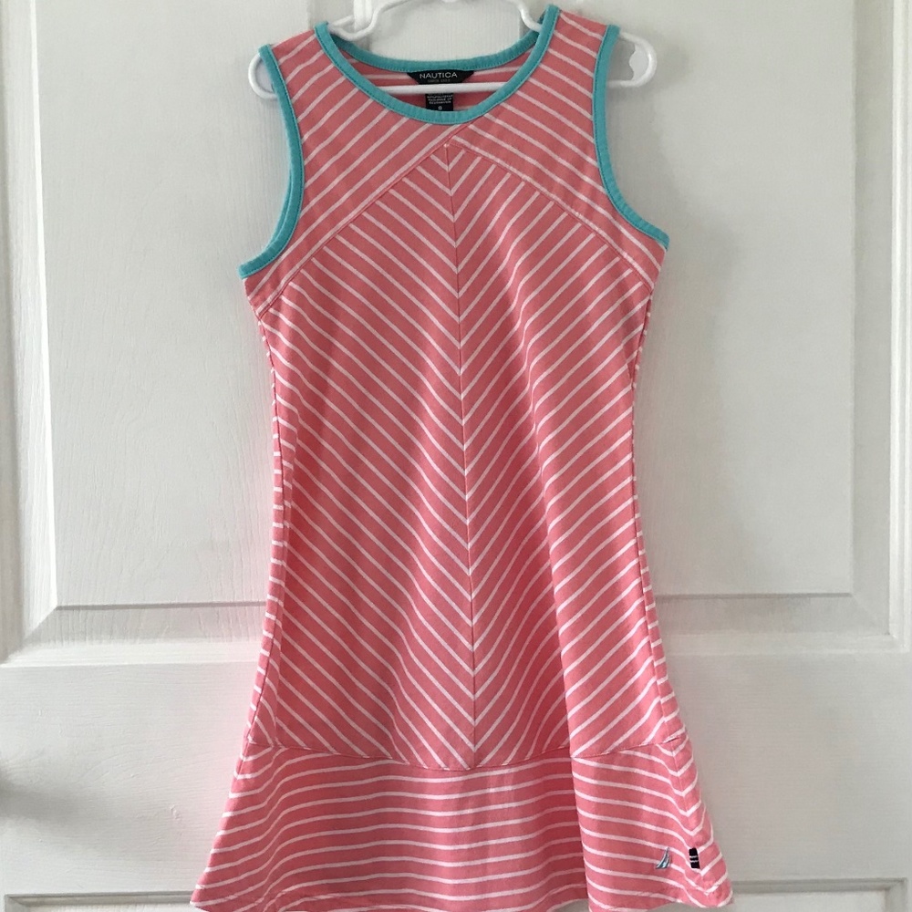 Nautica coral pink and white Striped Tank Sundress Girls Size 8